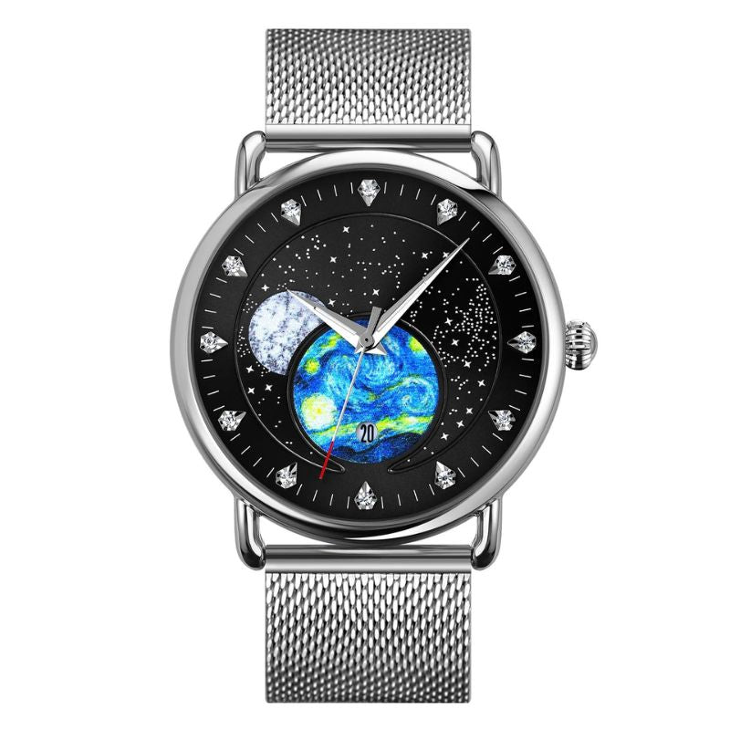 Unisex starry-sky quartz watch | 43 mm case | mesh steel strap | calendar | 3 ATM water resistant