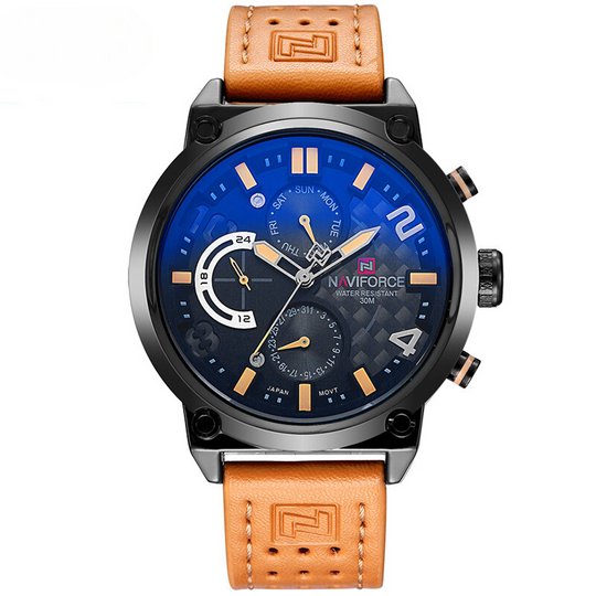 Men’s Military Sport Chronograph 48 mm | Day-Date Multi-Dial | Leather Strap | 3 ATM