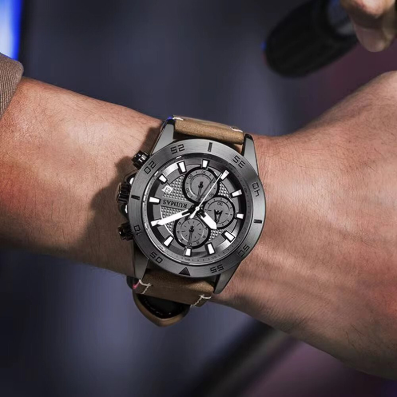 Men’s Chronograph Watch 46 mm | Sporty Quartz Tachymeter | Leather Strap | Date | 3 ATM