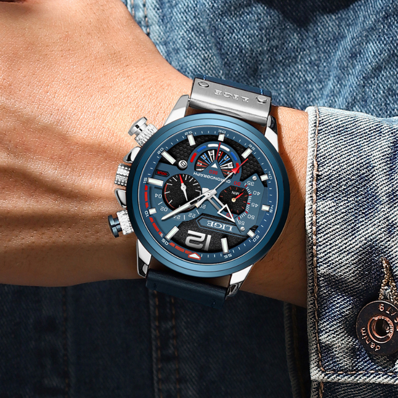 Men’s Rugged Chronograph Watch | 53 mm Case | Brown Leather Strap | Rose-Gold Accents | 3 ATM Water Resistant