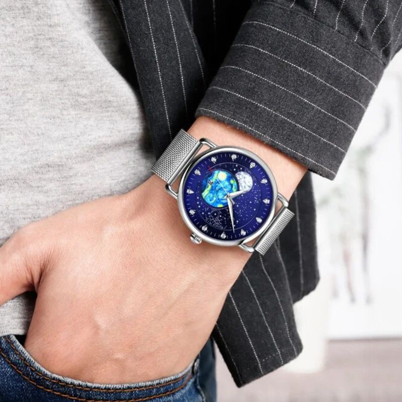 Unisex starry-sky quartz watch | 43 mm case | mesh steel strap | calendar | 3 ATM water resistant