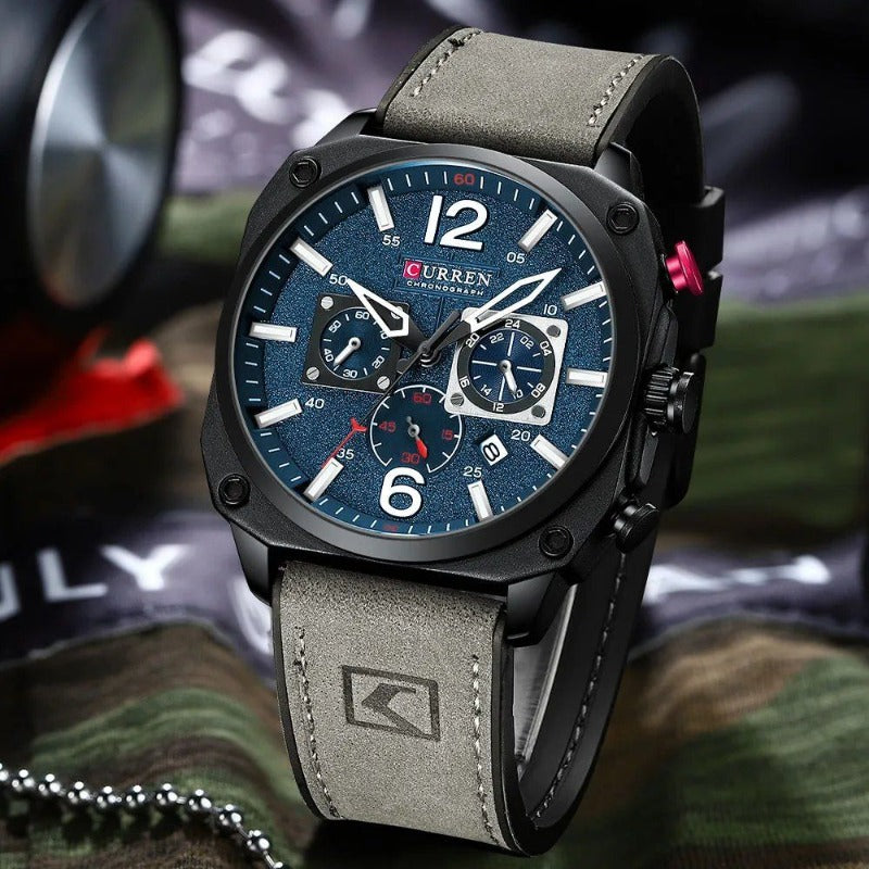 Men’s Chronograph Quartz Watch | 44 mm Case | Leather Strap | 3 ATM Water Resistant | Date