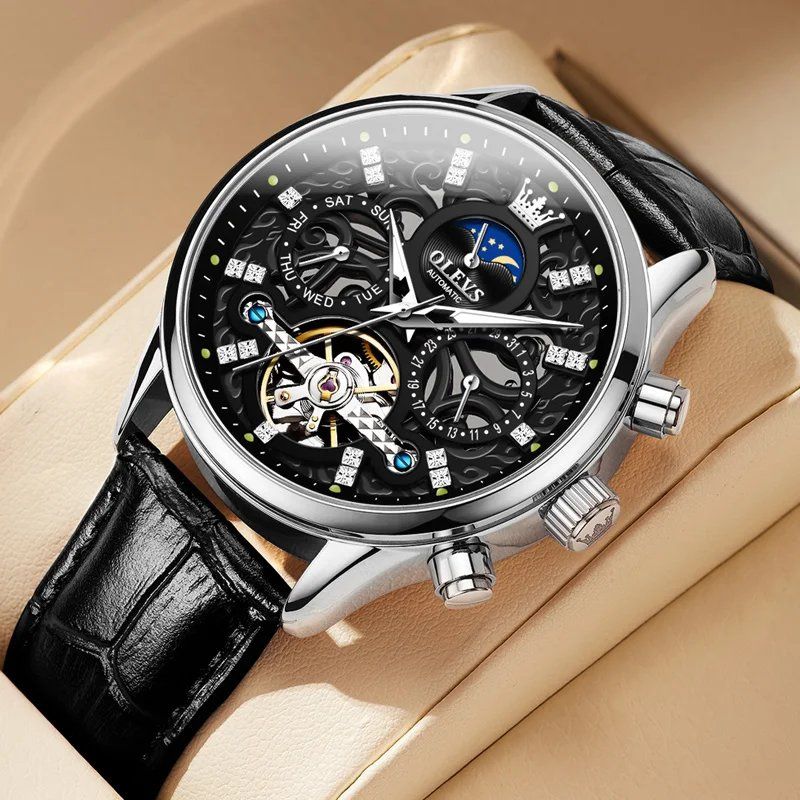 Men’s Automatic Moon Phase Chronograph Watch | 40 mm | Leather  Business Strap | 3 ATM Water Resistant