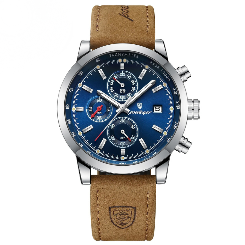 Men’s Chronograph Watch | Tachymeter Bezel | 44 mm Case | Leather Strap | 3 ATM