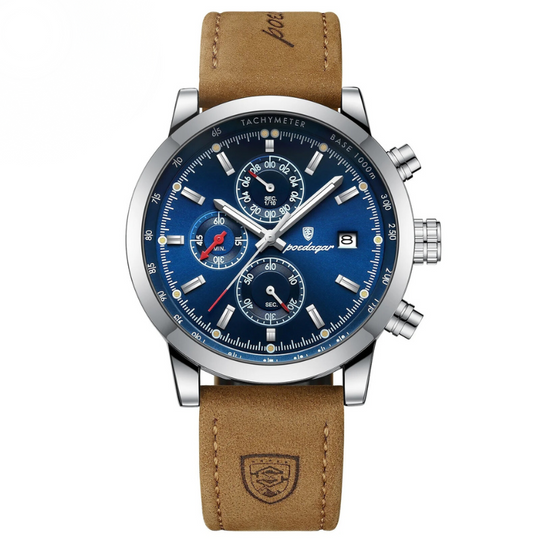 Men’s Chronograph Watch | Tachymeter Bezel | 44 mm Case | Leather Strap | 3 ATM