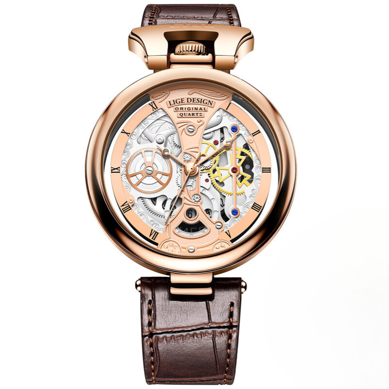 Men’s Skeleton Quartz Watch 45 mm | Openwork Business Dial | Leather Strap | 3ATM Water-Resistant
