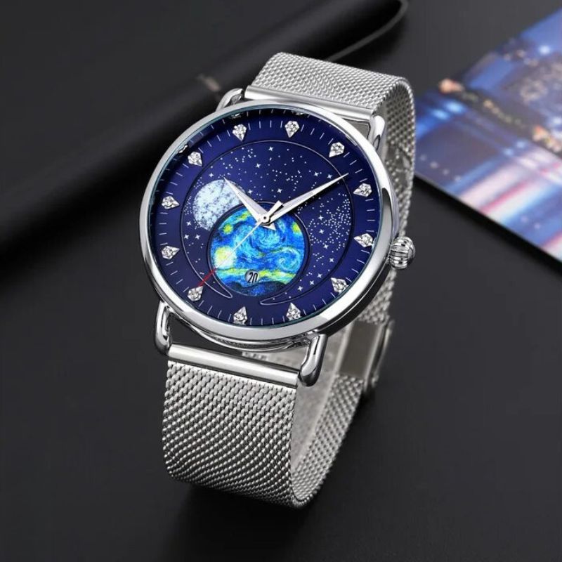 Unisex starry-sky quartz watch | 43 mm case | mesh steel strap | calendar | 3 ATM water resistant