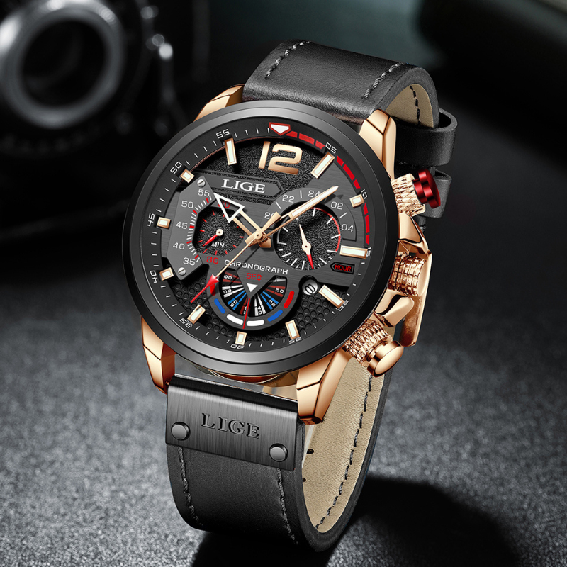 Men’s Rugged Chronograph Watch | 53 mm Case | Brown Leather Strap | Rose-Gold Accents | 3 ATM Water Resistant