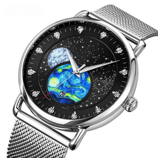 Unisex starry-sky quartz watch | 43 mm case | mesh steel strap | calendar | 3 ATM water resistant