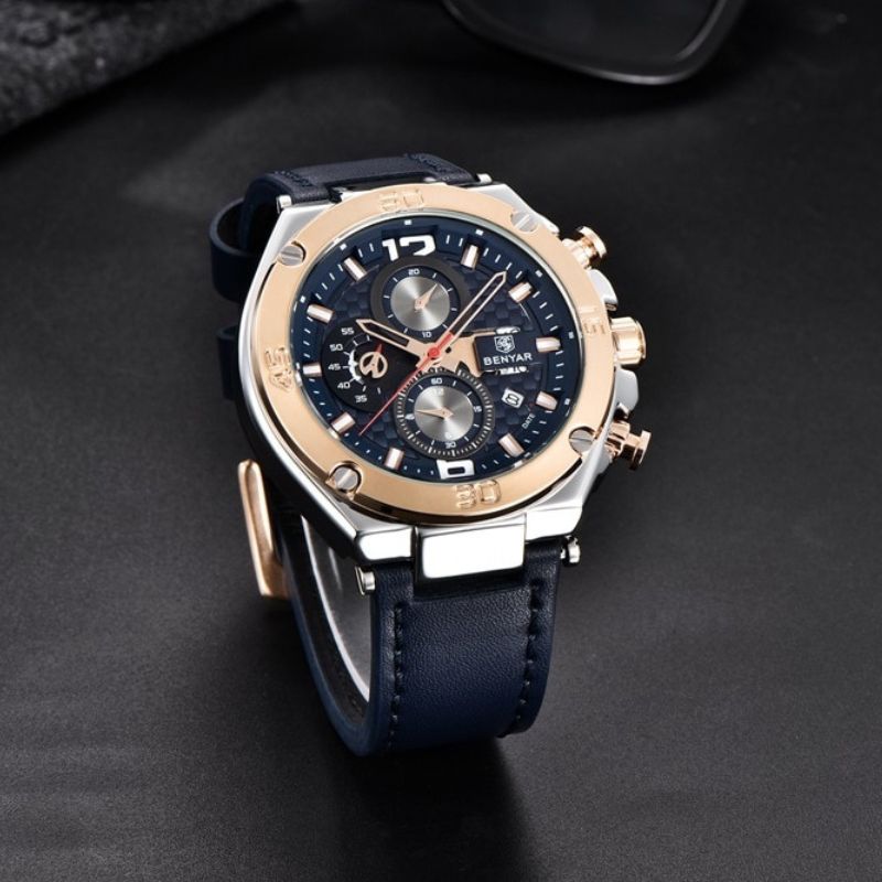 Men’s Luxury Sport Chronograph Watch | Quartz | 45 mm Case | Leather Strap | 3 ATM