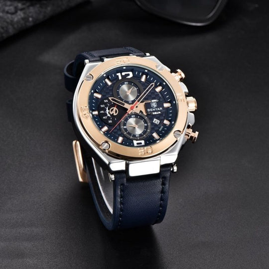 Men’s Luxury Sport Chronograph Watch | Quartz | 45 mm Case | Leather Strap | 3 ATM