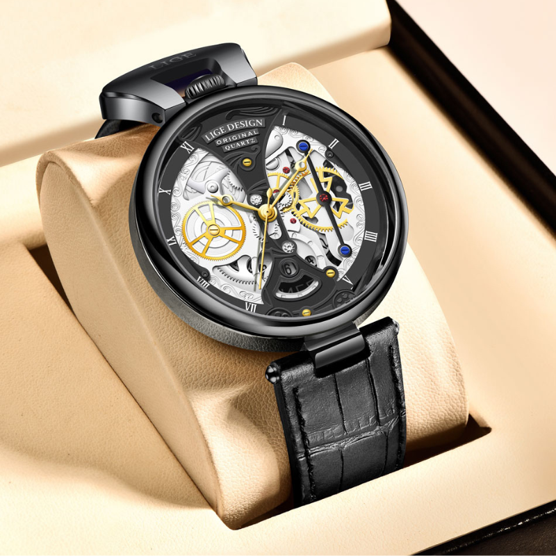 Men’s Skeleton Quartz Watch 45 mm | Openwork Business Dial | Leather Strap | 3ATM Water-Resistant