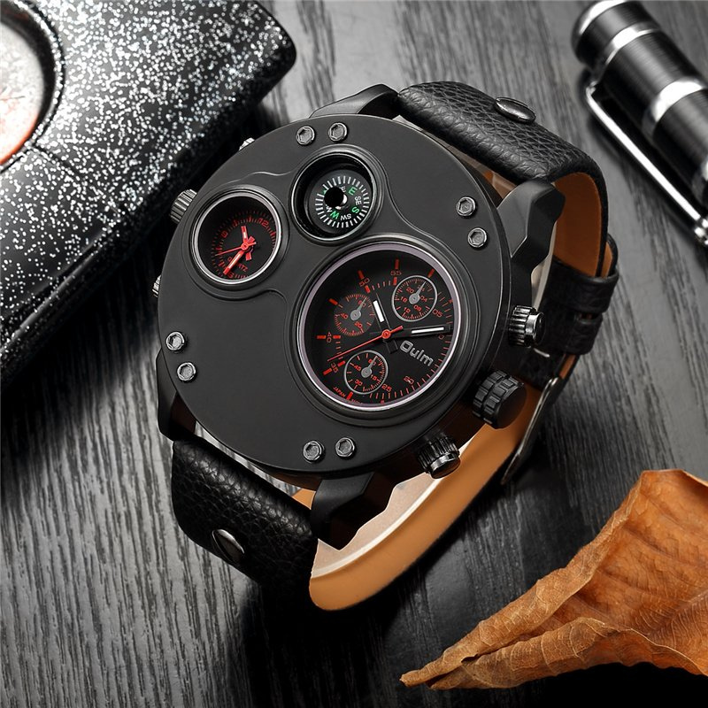 Men’s Tactical Dual-Time Watch 53 mm | 4-Dial Design with Compass & Thermometer | Leather Strap