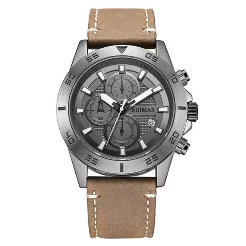 Men’s Chronograph Watch 46 mm | Sporty Quartz Tachymeter | Leather Strap | Date | 3 ATM
