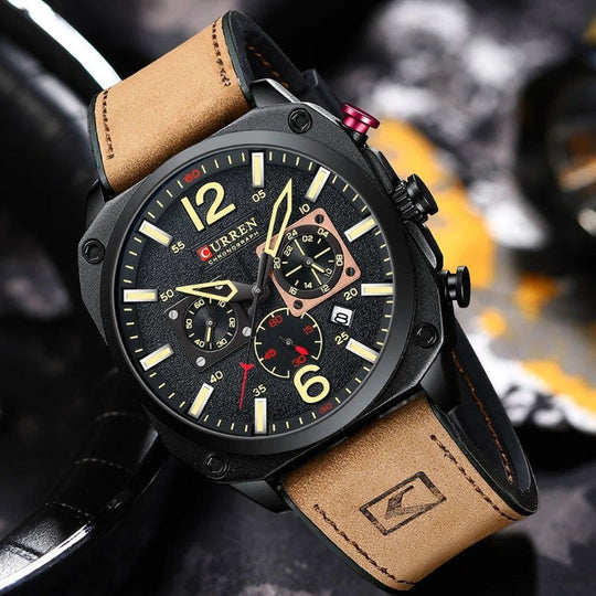Men’s Chronograph Quartz Watch | 44 mm Case | Leather Strap | 3 ATM Water Resistant | Date