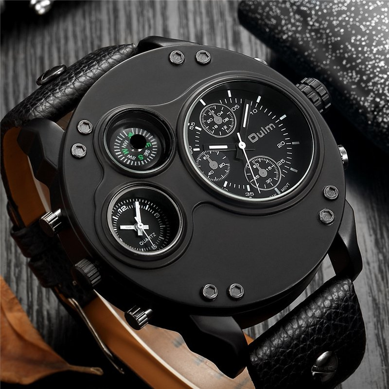 Men’s Tactical Dual-Time Watch 53 mm | 4-Dial Design with Compass & Thermometer | Leather Strap