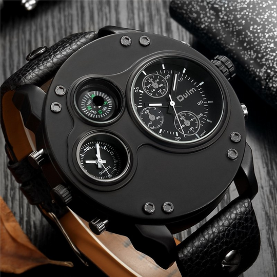 Men’s Tactical Dual-Time Watch 53 mm | 4-Dial Design with Compass & Thermometer | Leather Strap