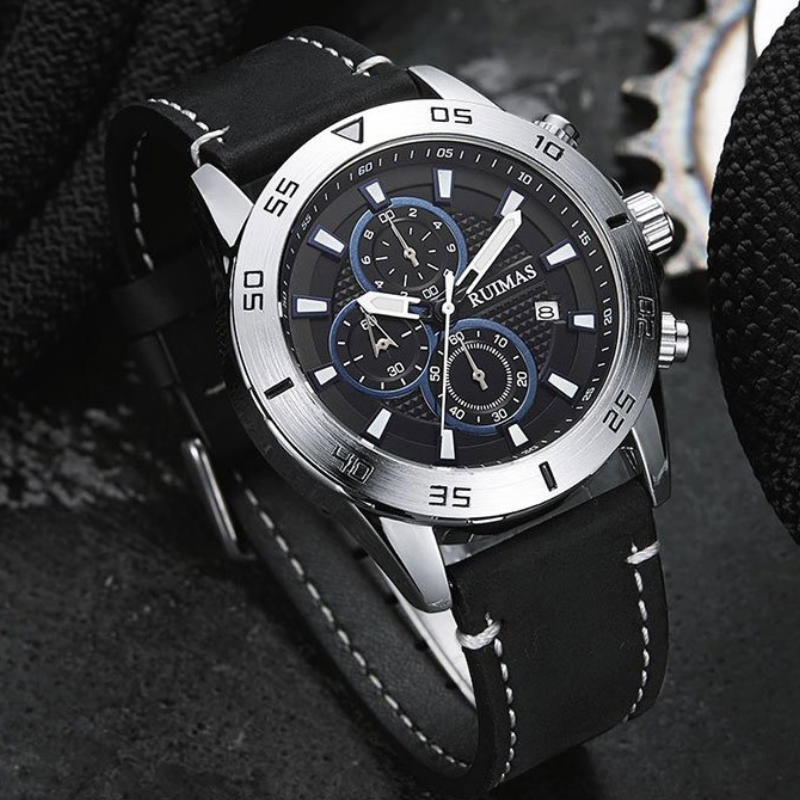 Men’s Chronograph Watch 46 mm | Sporty Quartz Tachymeter | Leather Strap | Date | 3 ATM