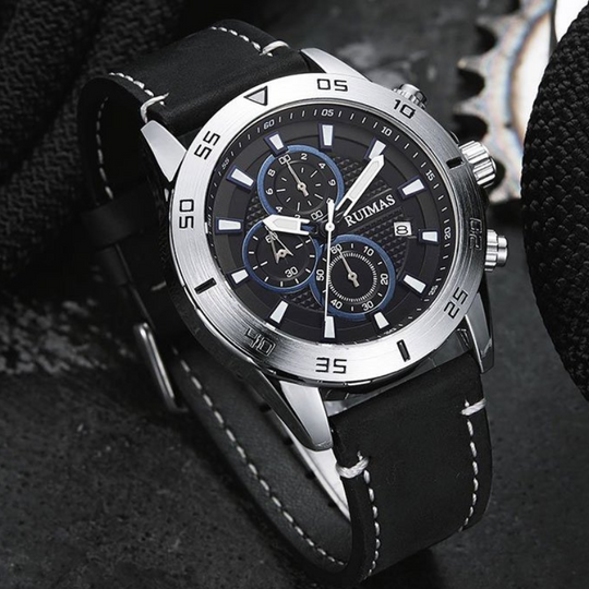 Men’s Chronograph Watch 46 mm | Sporty Quartz Tachymeter | Leather Strap | Date | 3 ATM