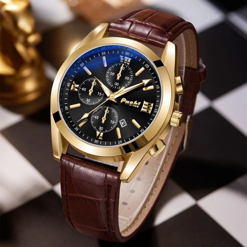 Men’s Business Chronograph Watch | 41 mm | Leather Strap | Quartz | 3 ATM