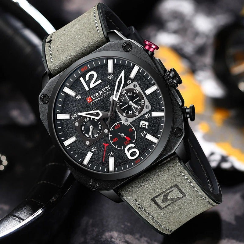 Men’s Chronograph Quartz Watch | 44 mm Case | Leather Strap | 3 ATM Water Resistant | Date