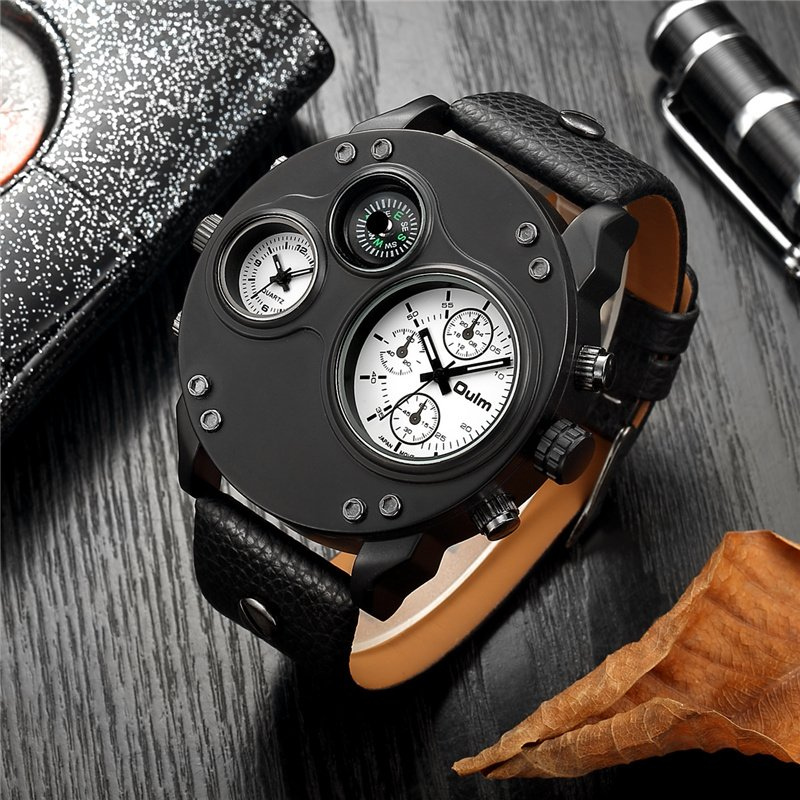 Men’s Tactical Dual-Time Watch 53 mm | 4-Dial Design with Compass & Thermometer | Leather Strap