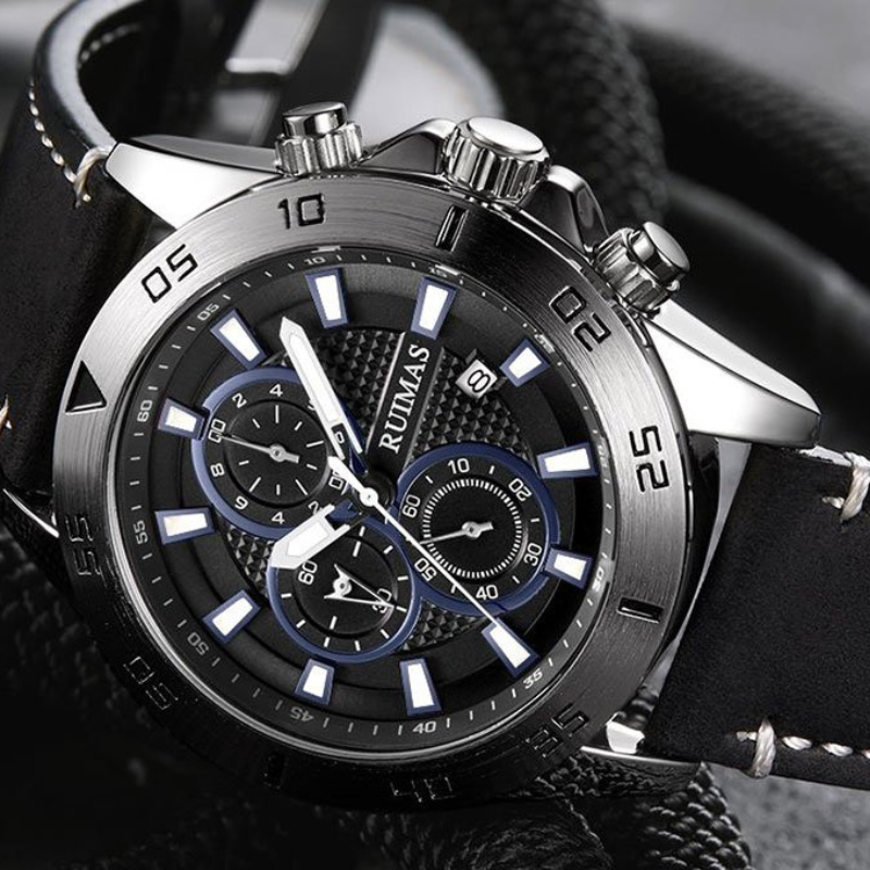 Men’s Chronograph Watch 46 mm | Sporty Quartz Tachymeter | Leather Strap | Date | 3 ATM