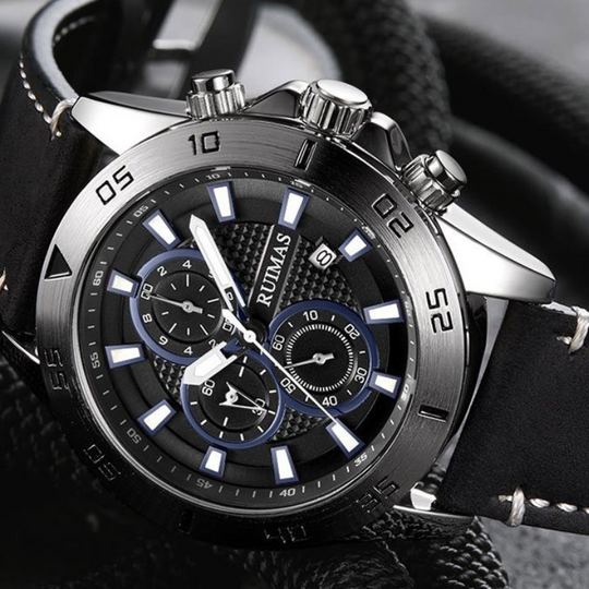 Men’s Chronograph Watch 46 mm | Sporty Quartz Tachymeter | Leather Strap | Date | 3 ATM