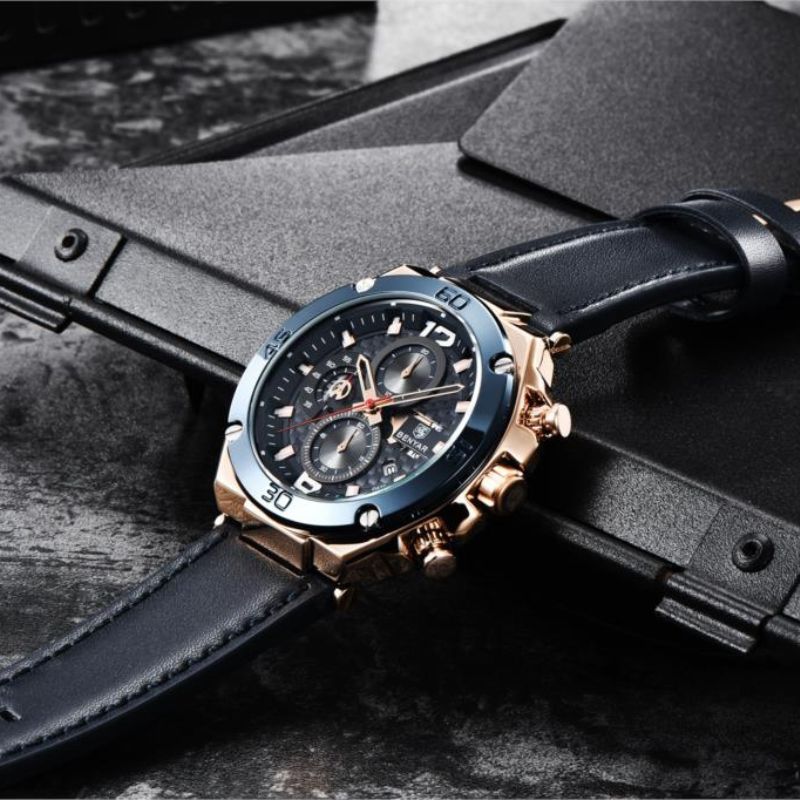Men’s Luxury Sport Chronograph Watch | Quartz | 45 mm Case | Leather Strap | 3 ATM