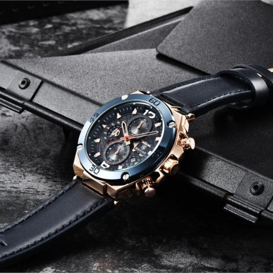 Men’s Luxury Sport Chronograph Watch | Quartz | 45 mm Case | Leather Strap | 3 ATM
