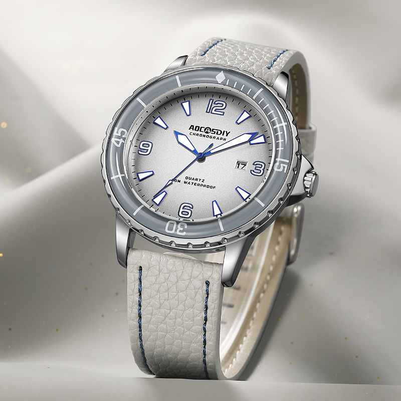 Men’s Sports Watch 44 mm | Quartz & Date | Leather Strap | Luminous Hands | 3 ATM