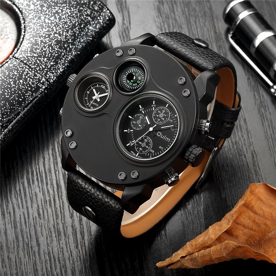 Men’s Tactical Dual-Time Watch 53 mm | 4-Dial Design with Compass & Thermometer | Leather Strap