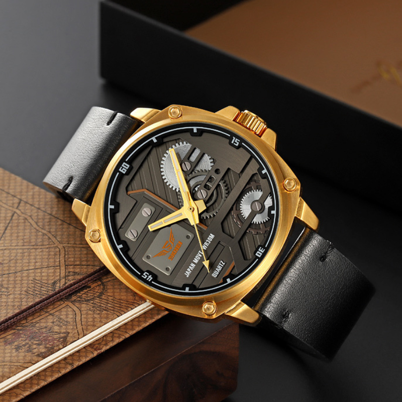 Men’s Industrial Quartz Watch | 50 mm | Leather Strap | 3 ATM Water-Resistant