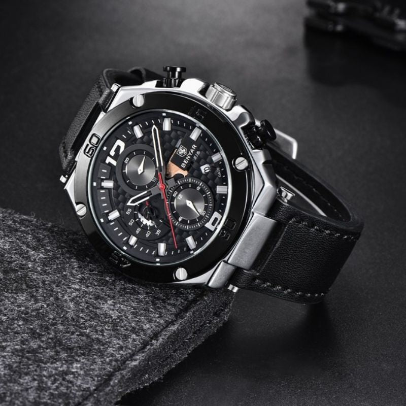 Men’s Luxury Sport Chronograph Watch | Quartz | 45 mm Case | Leather Strap | 3 ATM