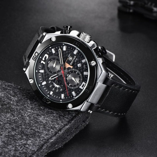 Men’s Luxury Sport Chronograph Watch | Quartz | 45 mm Case | Leather Strap | 3 ATM