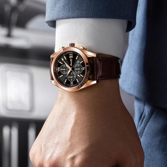 Men’s Business Chronograph Watch | 41 mm | Leather Strap | Quartz | 3 ATM