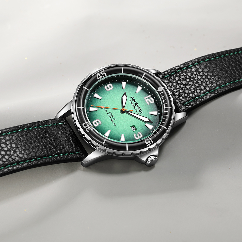 Men’s Sports Watch 44 mm | Quartz & Date | Leather Strap | Luminous Hands | 3 ATM