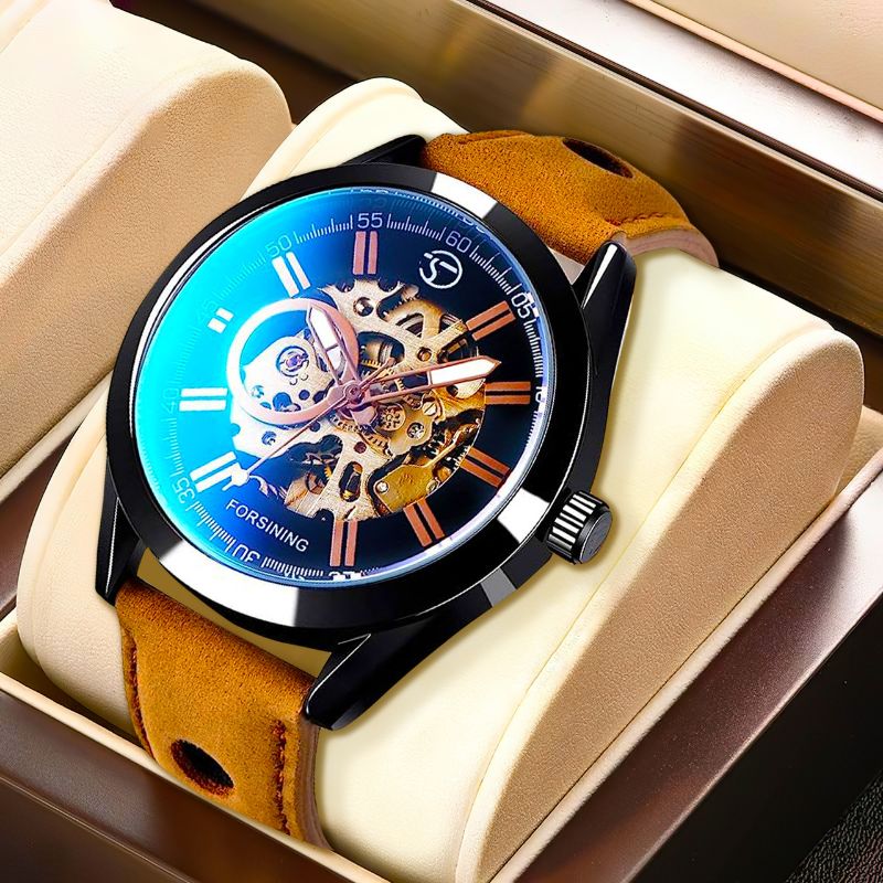 Men’s Skeleton Automatic Watch | 42 mm Case | Sport Design | 3 ATM Water Resistant | Leather Strap