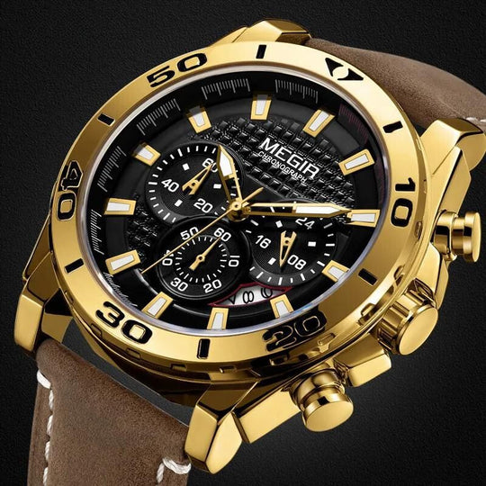 Men’s Luxury Sport Chronograph 48 mm | Gold Bezel Diver-Style | Black Dial | Leather Strap | Quartz & Date | 3 ATM