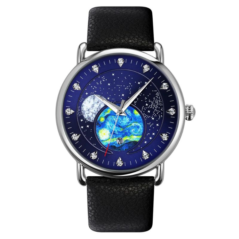 Unisex starry-sky quartz watch | 43 mm case | mesh steel strap | calendar | 3 ATM water resistant