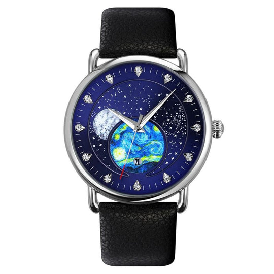 Unisex starry-sky quartz watch | 43 mm case | mesh steel strap | calendar | 3 ATM water resistant