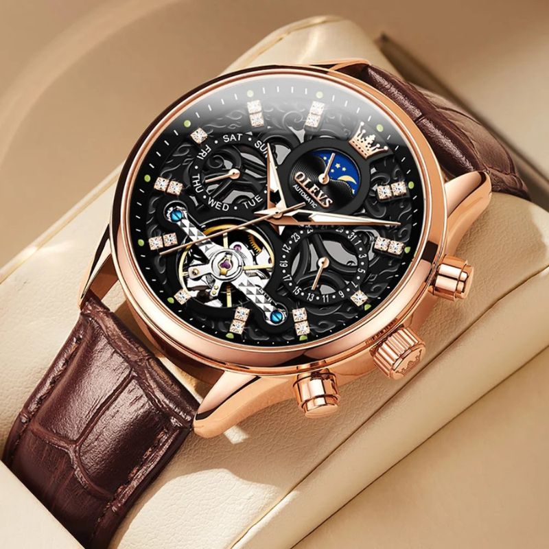 Men’s Automatic Moon Phase Chronograph Watch | 40 mm | Leather  Business Strap | 3 ATM Water Resistant