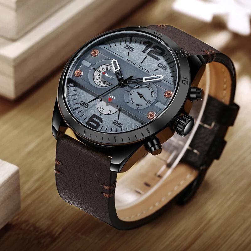 Men’s Quartz Chronograph Watch 48 mm | Leather Strap | Sport/Business Style | 3 ATM Water Resistant