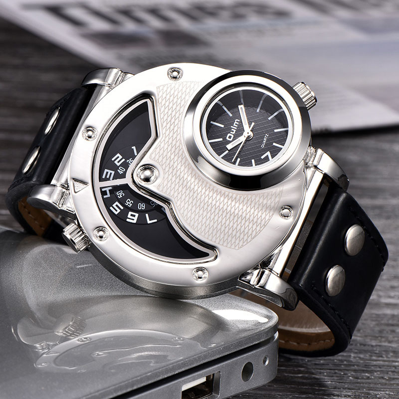 Men’s Multi-Time-Zone Quartz Watch 49 mm | Asymmetric Dual Display | Leather Strap