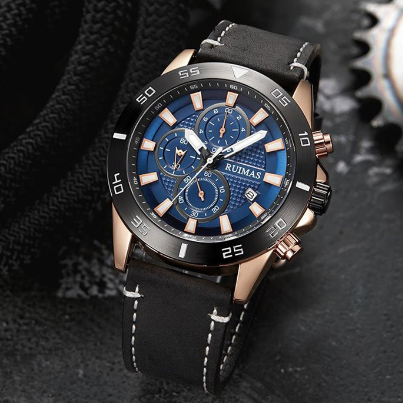 Men’s Chronograph Watch 46 mm | Sporty Quartz Tachymeter | Leather Strap | Date | 3 ATM
