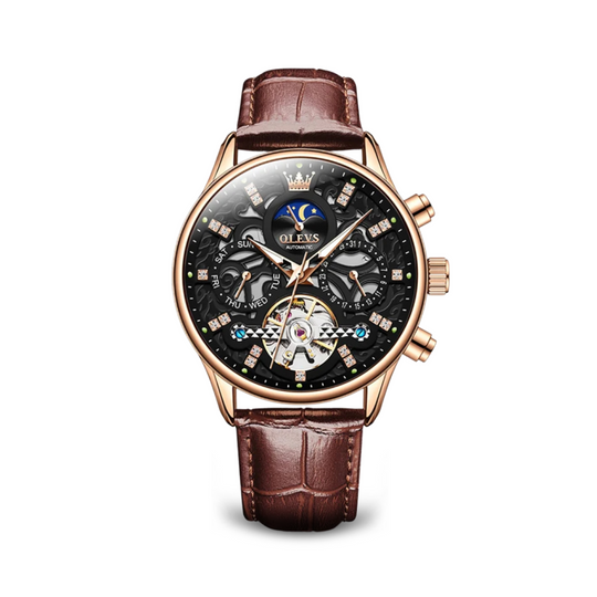 Men’s Automatic Moonphase Skeleton Watch | 42 mm | Leather Strap | Date & Multi-Function Display