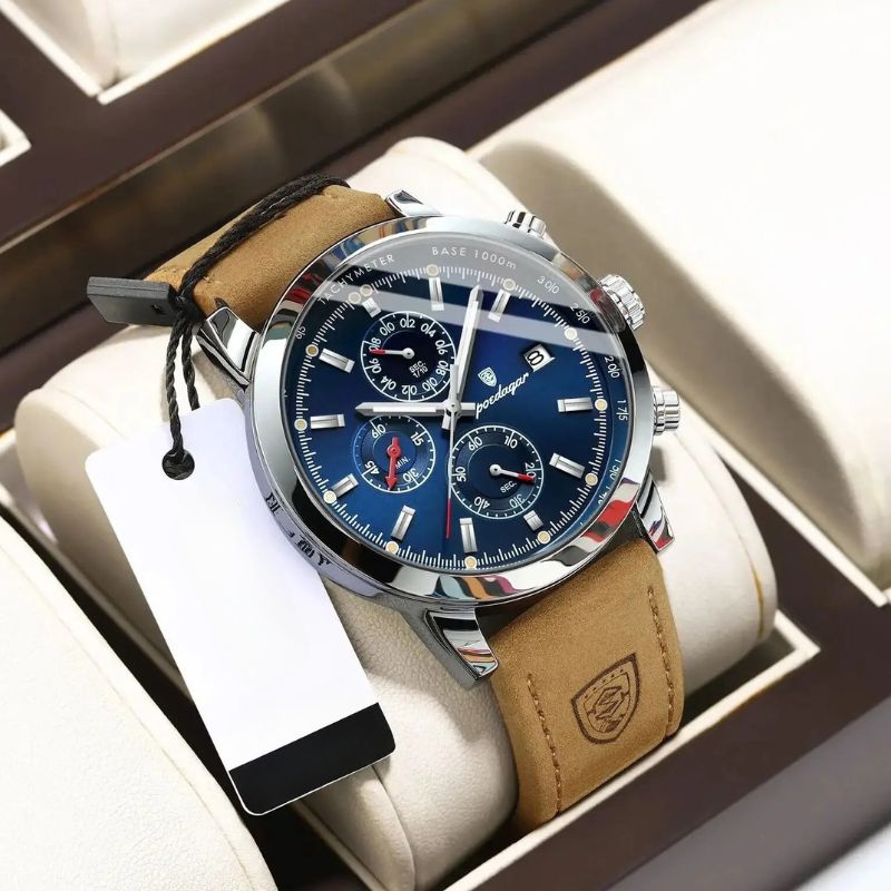 Men’s Chronograph Watch | Tachymeter Bezel | 44 mm Case | Leather Strap | 3 ATM