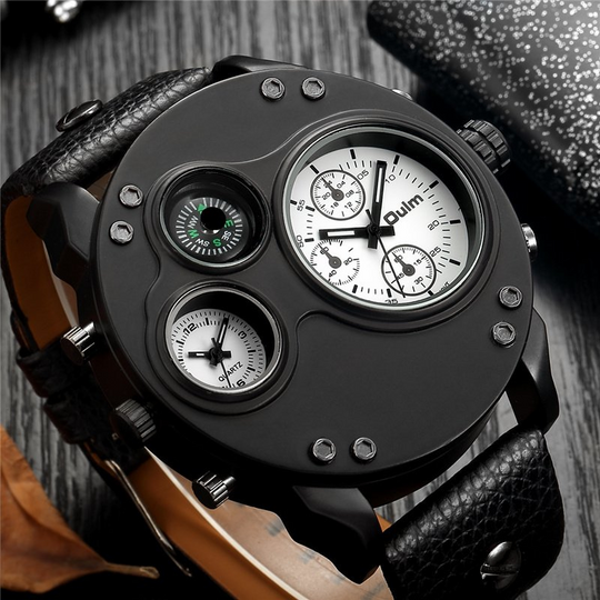 Men’s Tactical Dual-Time Watch 53 mm | 4-Dial Design with Compass & Thermometer | Leather Strap