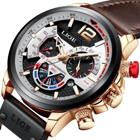 Men’s Rugged Chronograph Watch | 53 mm Case | Brown Leather Strap | Rose-Gold Accents | 3 ATM Water Resistant