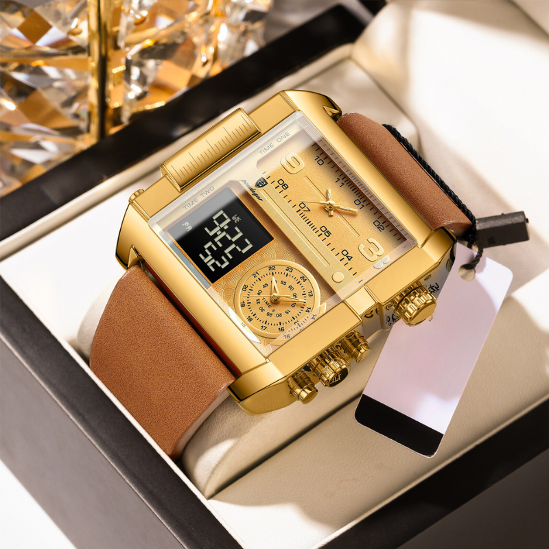 Men's Luxury Analog-Digital Dual Time Watch | 51 mm Square Case | Leather Strap | Calendar & Backlight | 3 ATM